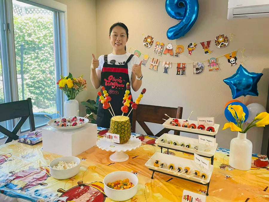 Olivia's Tanghulu fresh fruit tanghulu displays at a Bay Area birthday party