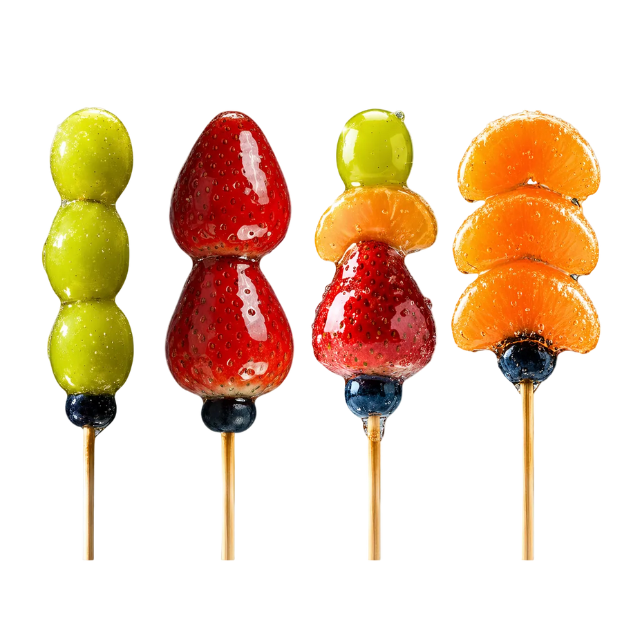 Sugar glazed fruit skewers with green grapes, red strawberries, orange segments, and blueberries.