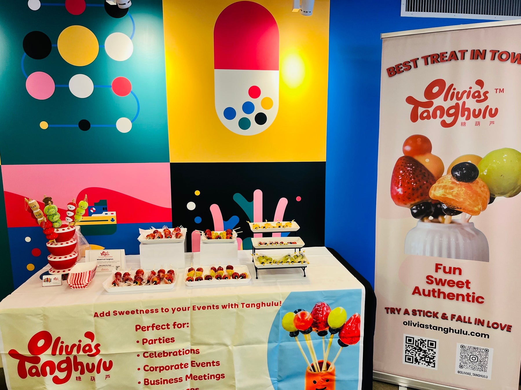 Colorful Olivia's Tanghulu dessert display for a Bay Area quinceañera celebration