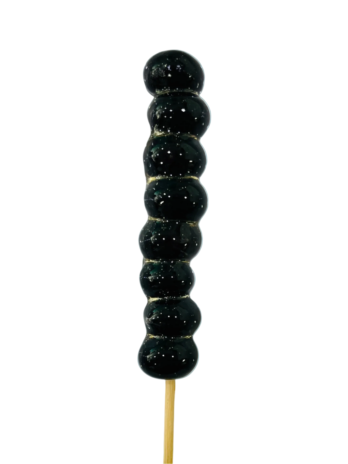 Blueberry tanghulu skewer with glossy crystal sugar shell on a pale blue background