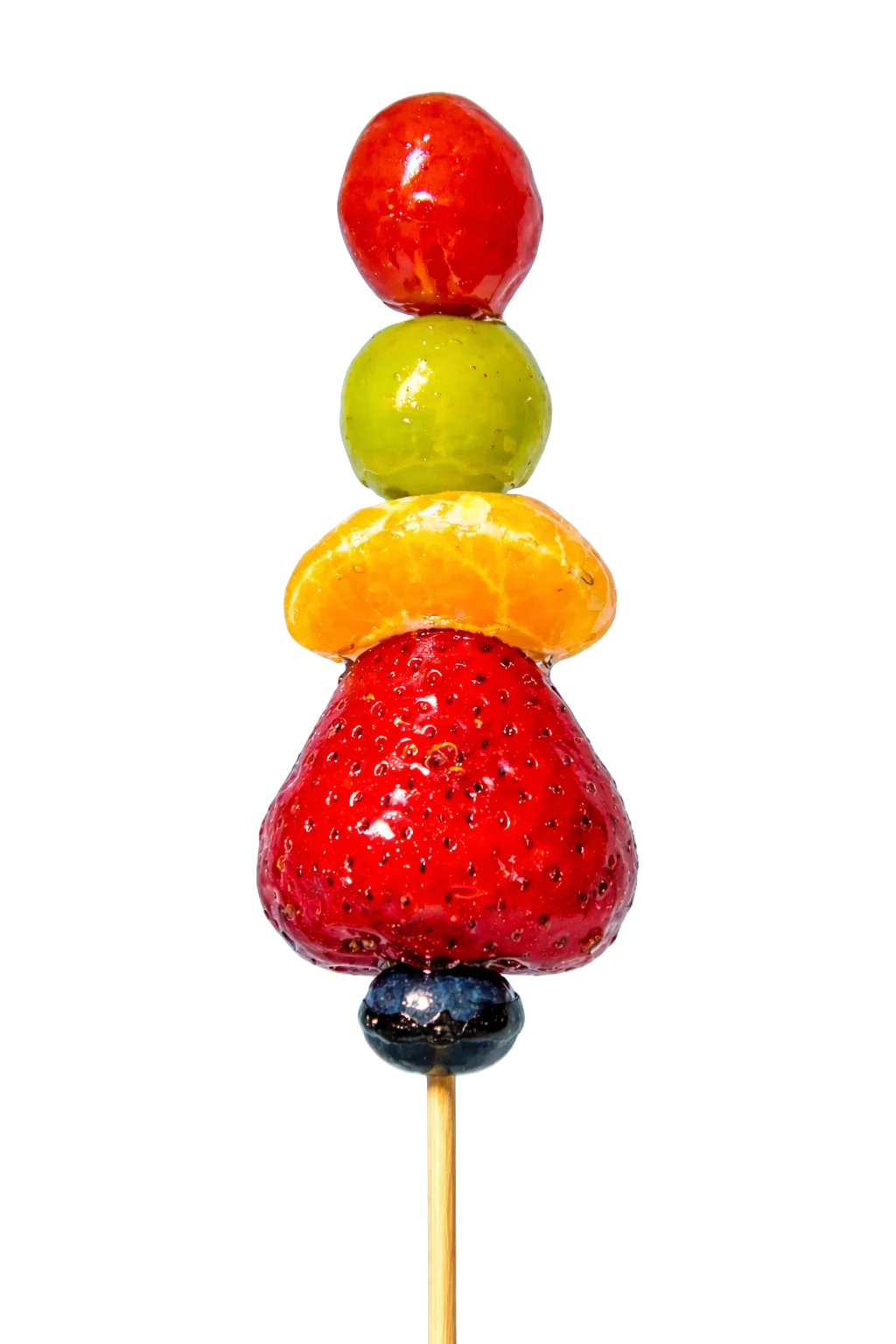 Mixed fruit tanghulu skewer with strawberry, mandarin orange, grape, and cherry tomato in crystal glaze
