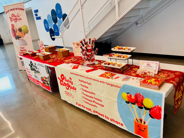 Tanghulu catering display at a Bay Area event — crystal-glazed fruit skewers