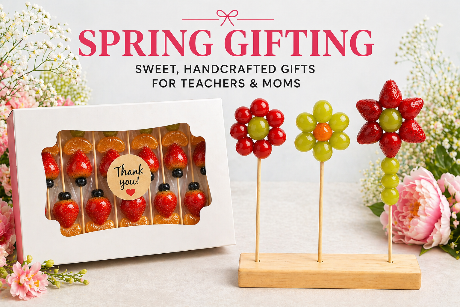 Tanghulu gift box and fruit flower skewers for Teacher Appreciation and Mother’s Day — handcrafted dessert gifts in the Bay Area